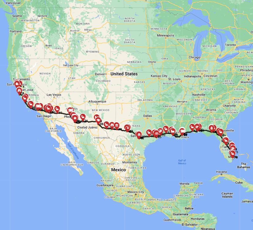 RV trip planner San Francisco to Miami motorhome route plan
